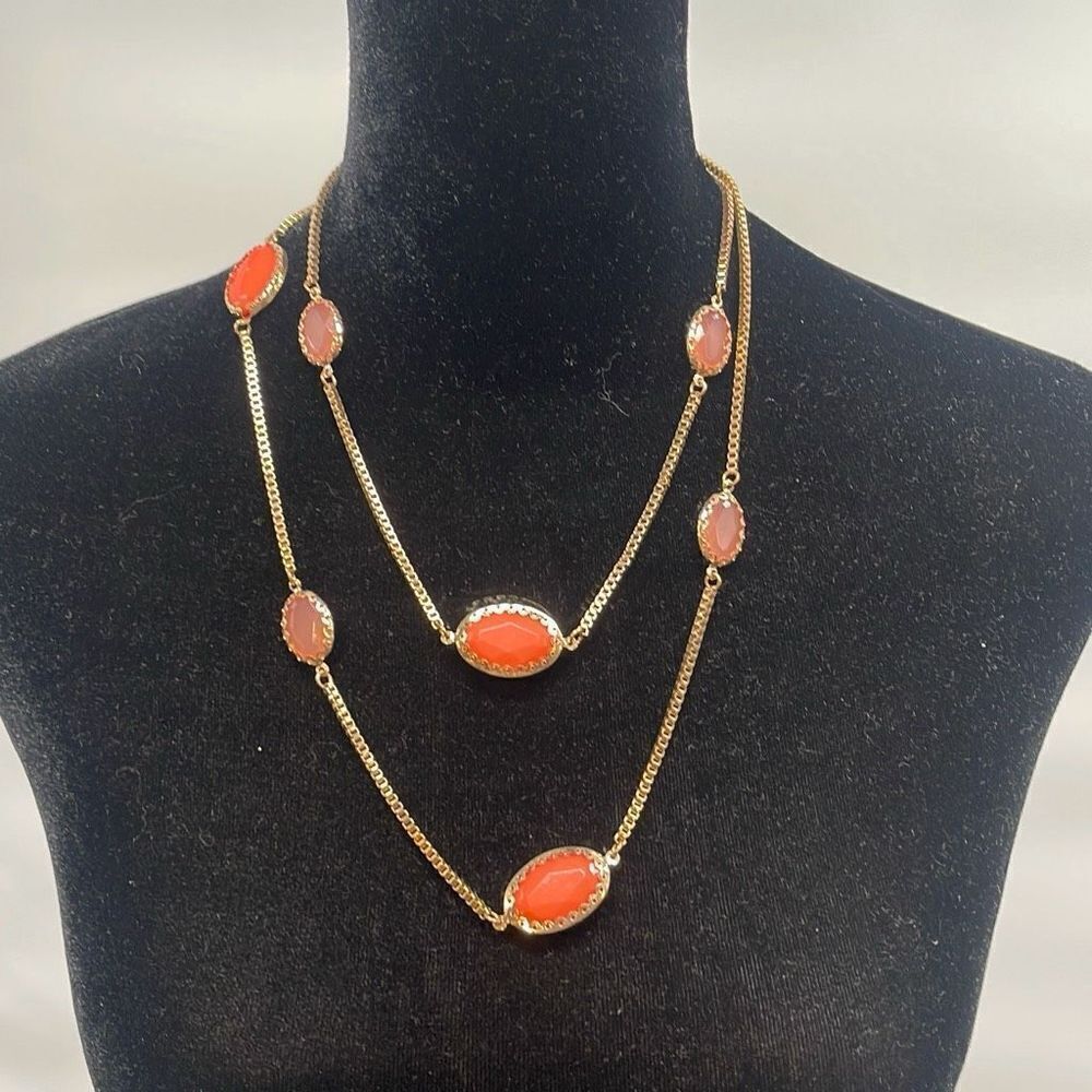 Womens Gold-Tone Box Chain Carnelian Gemstone Long Strand Necklace Orange OS